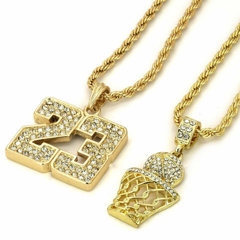 23 BASKETBALL DOUBLE PENDANT WITH GOLD ROPE CHAIN