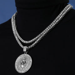 Fully Cubic-Zirconia Round Lion Pendant Silver Plated Two Tennis 18", 20" Chain