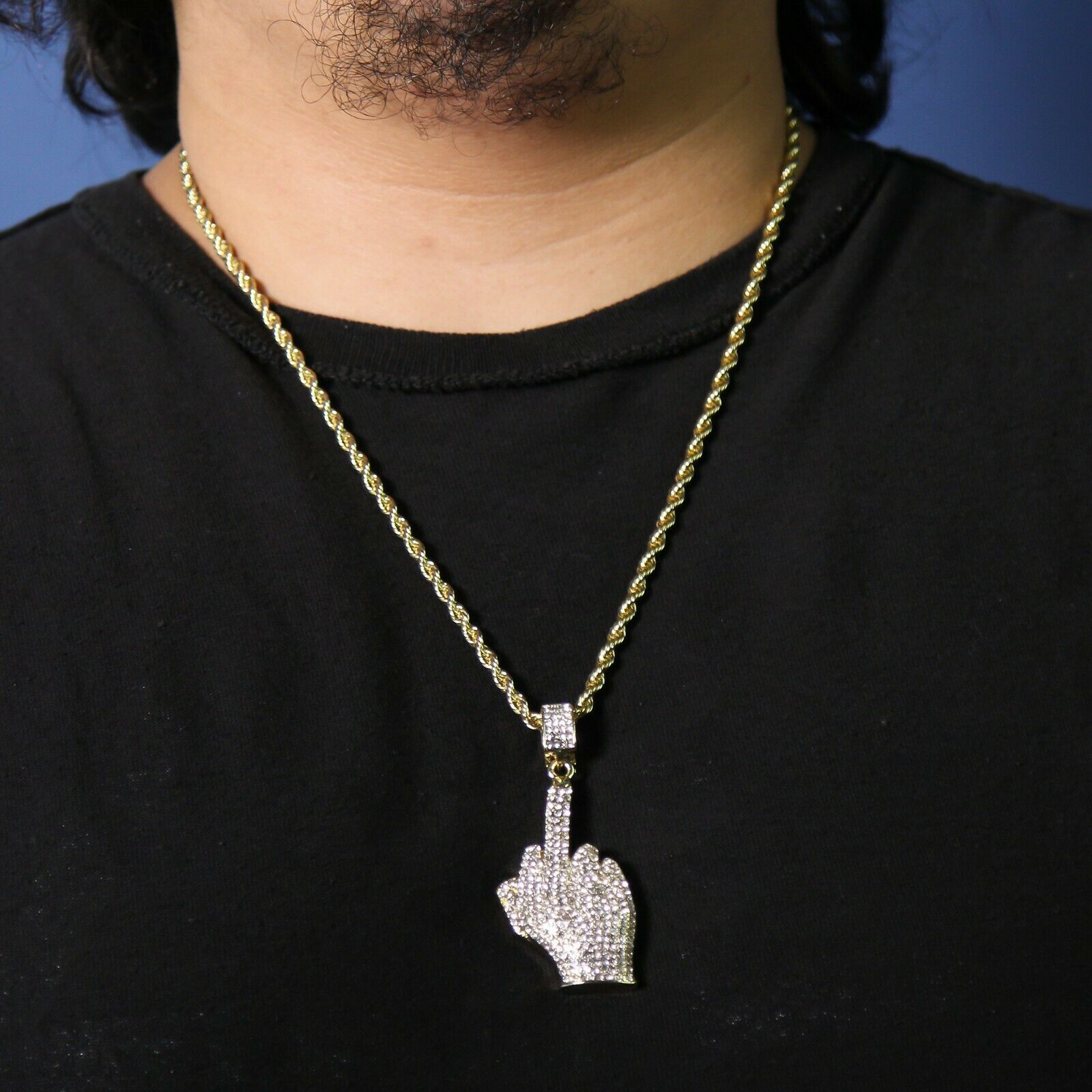 Hip Hop Middle Finger Pendant 18k Gold Plated Rope Necklace with Cubic Zirconia Simulated Diamond for Men Women