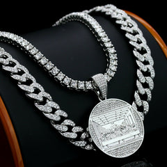 3pc Men's Silver Plated Cz Thick Round Last Supper w/ Cz Cuban & Tennis Chain 18"/20