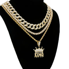 King Drip 4 Pcs Set Cuban, Tennis & Rope Chain Bundle Gold PT