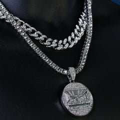 3pc Men's Silver Plated Cz Thick Round Last Supper w/ Cz Cuban & Tennis Chain 18"/20