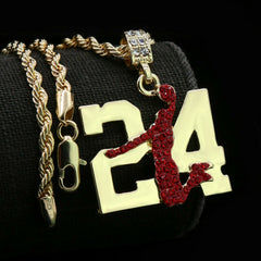 Gold / Red #24 Jump CZ Man Basketball Pendant with Rope Chain