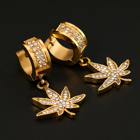 Cubic-Zirconia Gold Stainless Steal 2 Row Marijuana Huggie Hoop Dangle Earrings