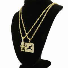 23 BASKETBALL DOUBLE PENDANT WITH GOLD ROPE CHAIN