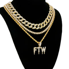 FTW Drip 4 Pcs Set Cuban, Tennis & Rope Chain Bundle Gold PT