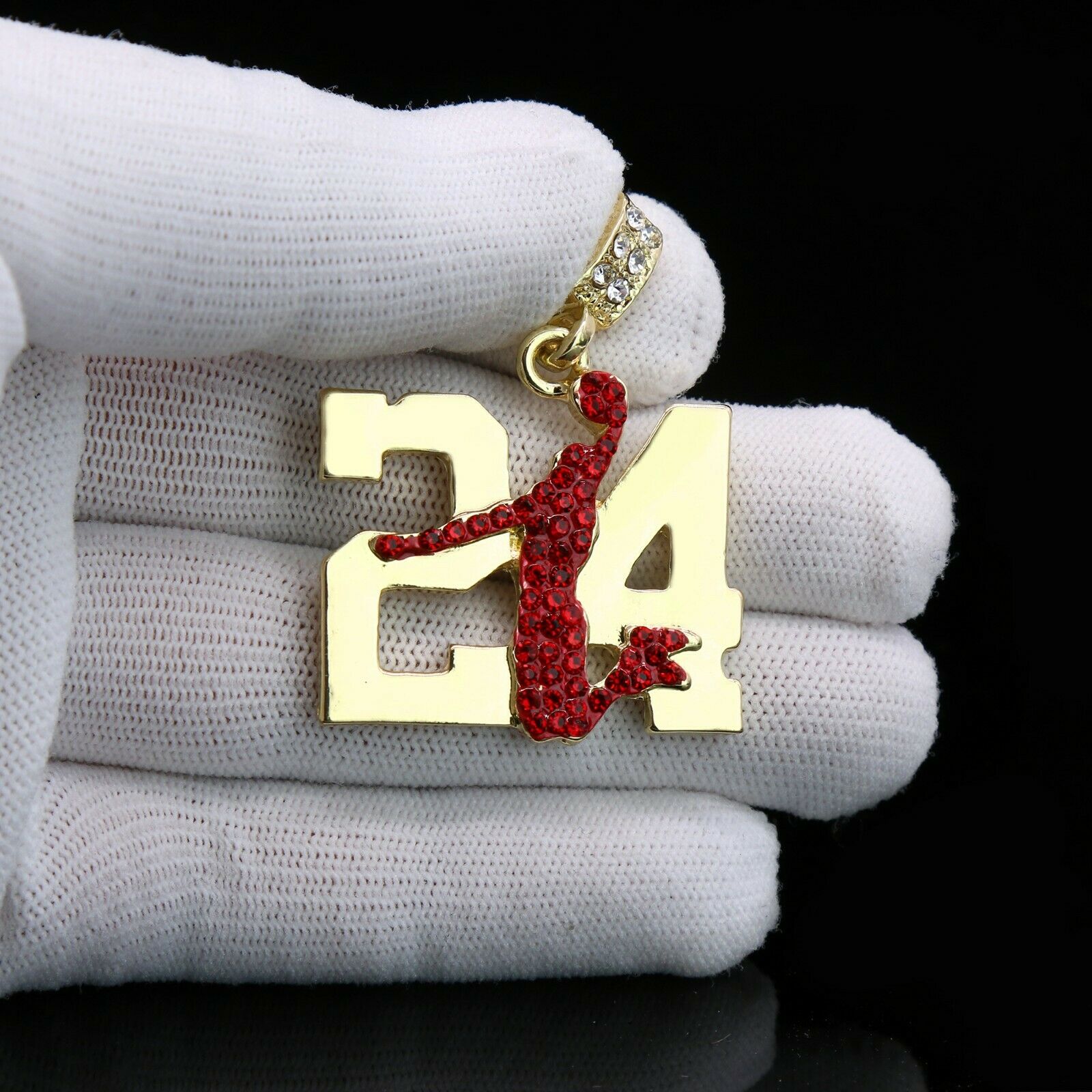 Gold / Red #24 Jump CZ Man Basketball Pendant with Rope Chain