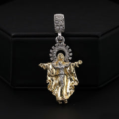 Jesus-Guadalupe & King Drip Pendant 20, 24" Cubic-Zirconia Gold Plated Figaro Chain