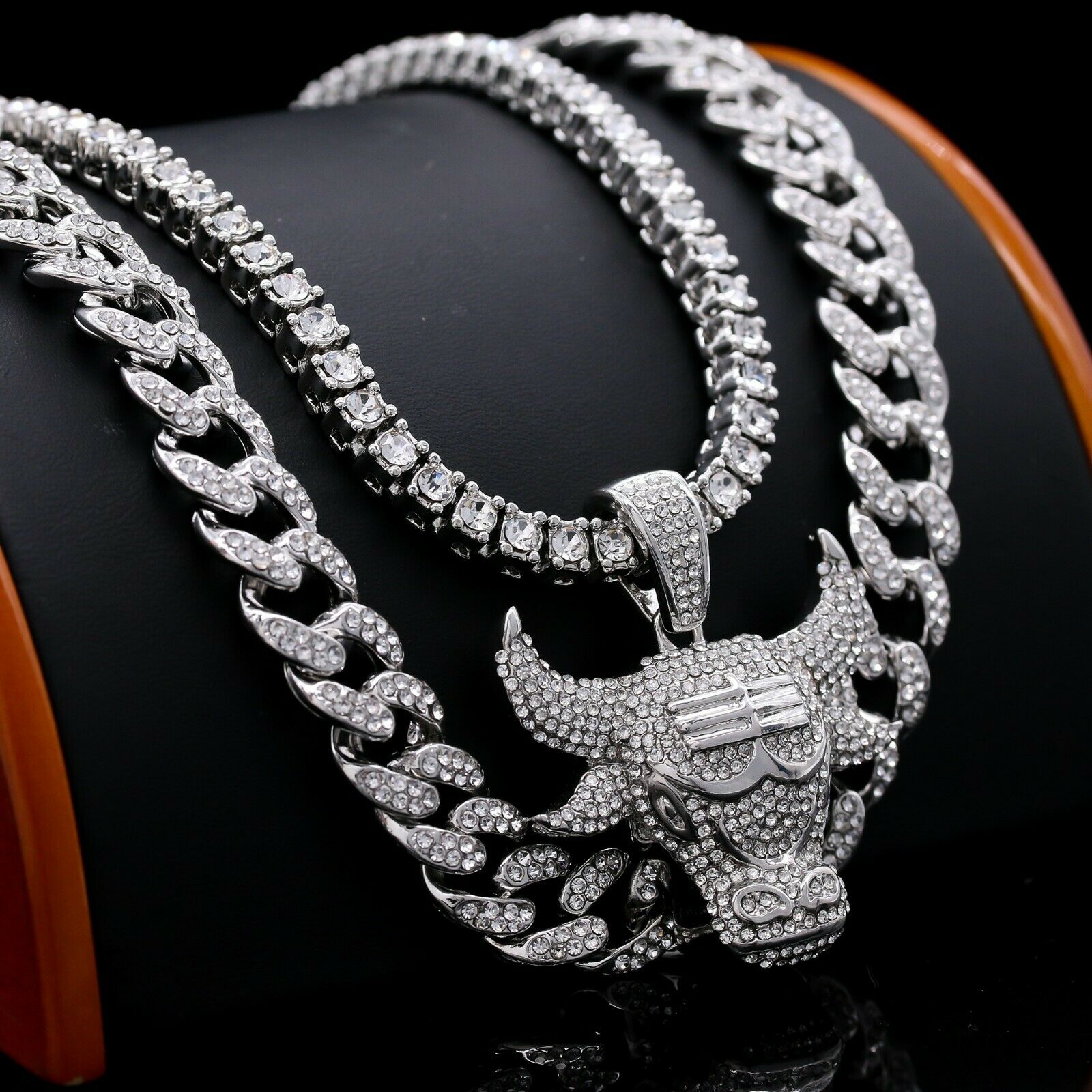 3pc Men's Silver Plated Cz Thick Layer Bull w/ Fully Cz Cuban & Tennis Chain 18"/20"