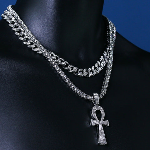 3pc Men's Silver Plated Cz Thick Layer Ankh w/ Fully Cz Cuban & Tennis Chain 18"/20"