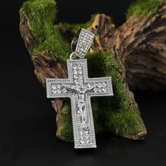 Cubic-Zirconia Two Row Jesus Cross Pendant Silver Plated Cuban Choker 20" Chain