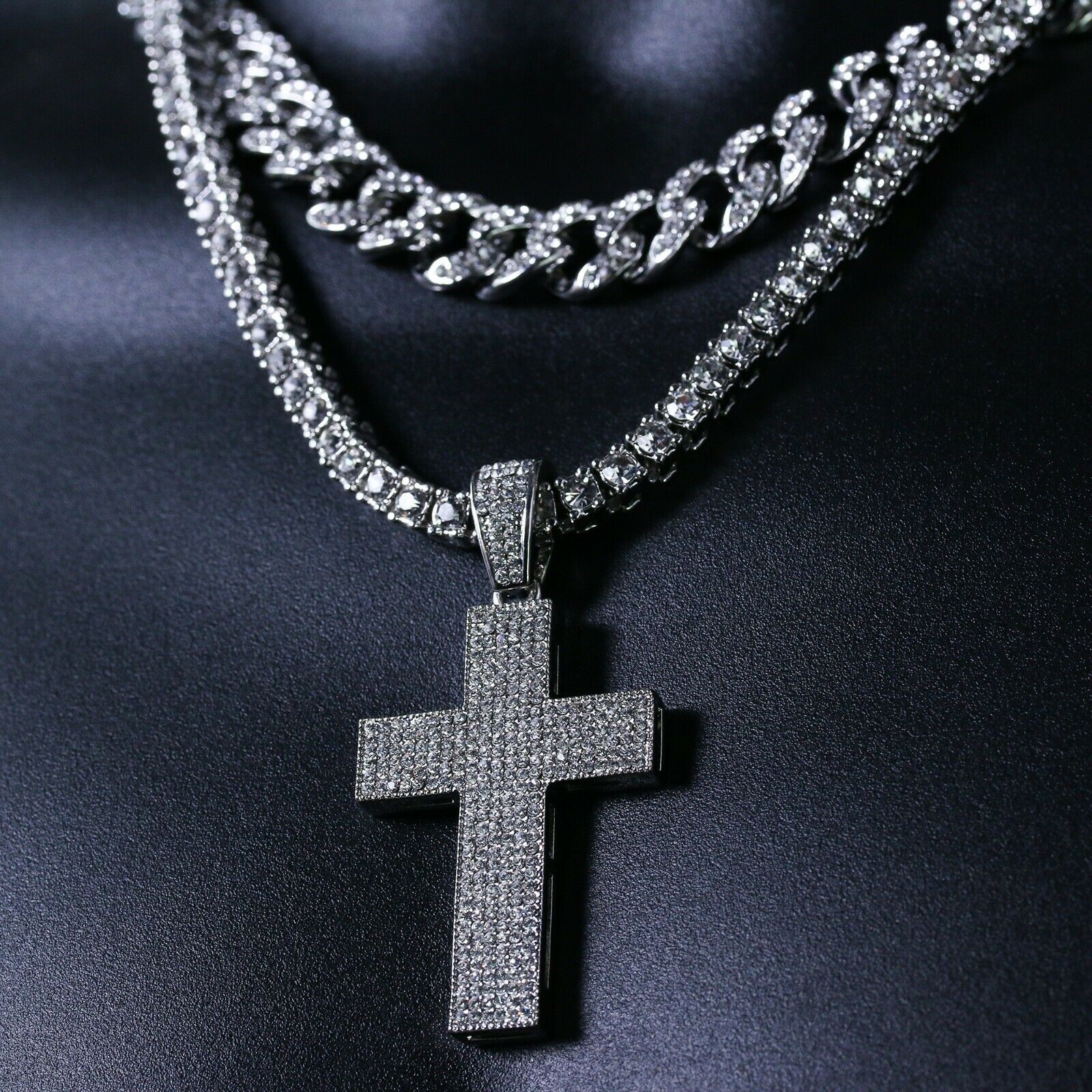 3pc Men's Silver Plated Thick Layer Cross w/ Fully Cz Cuban & Tennis Chain 18"/20"