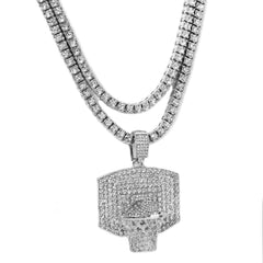 Cubic-Zirconia Basketball Board Pendant Silver Plated Two Tennis 18", 20" Chain