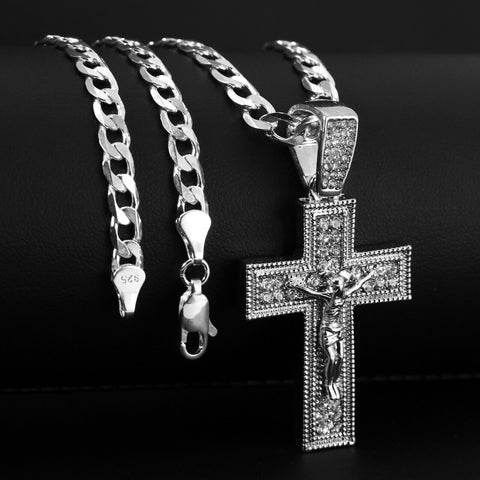 Cubic-Zirconia Two Row Jesus Cross Pendant Silver Plated Cuban Choker 20" Chain