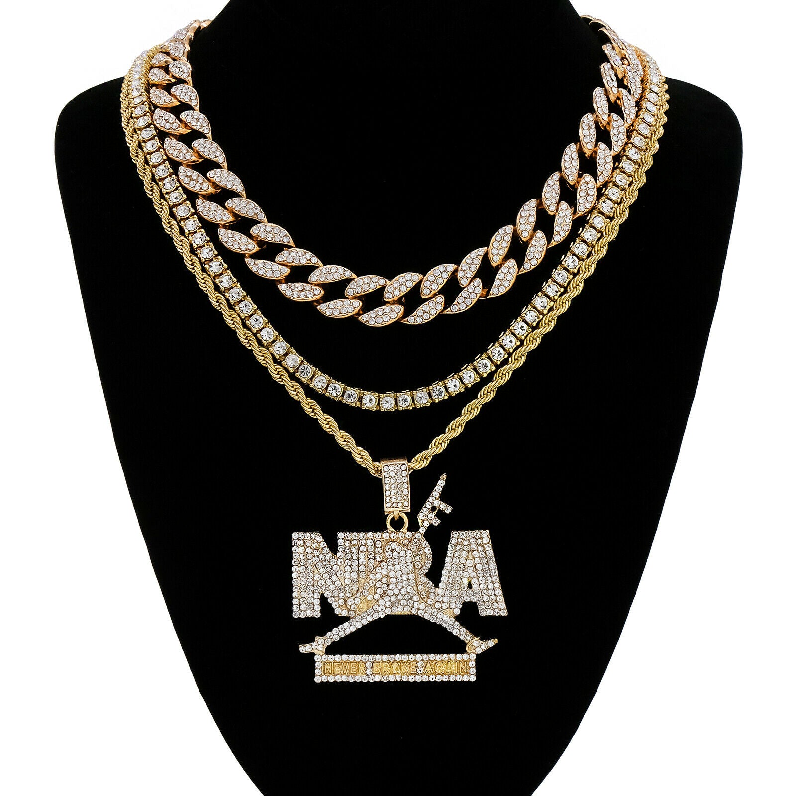 Never Broke Again NBA Pendant Cubic Zirconia Rope Chain Hip Hop 18k Gold  Plated