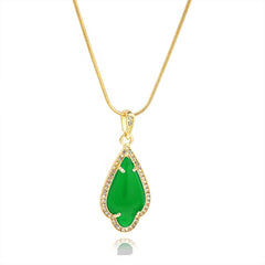 Green Women's Pendants 14K Gold Plated Lab Diamond Mounted Curved Tear Resin Jade High Fashion Jewelry Chain Pendant Necklaces