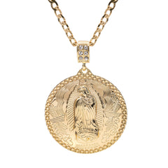 Catholic Round Huge Guadalupe Pendant Cubic-Zirconia Gold Plated 20" Cuban Chain